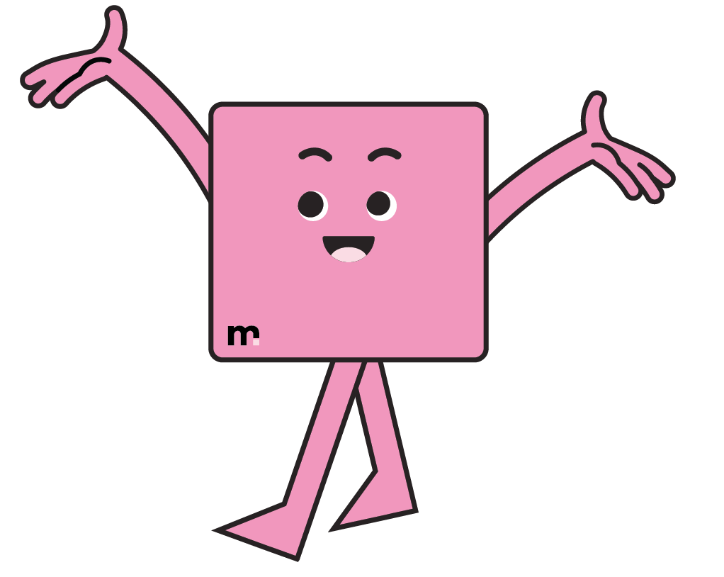 Pink cartoon character with arms outstretched on a white background